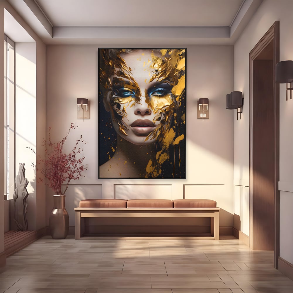 Tablou canvas cu tablou canvas cu portret de femeie si foita de aur, in rama de aluminiu negru